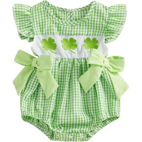 St Patricks Day Baby Girl Outfit Newborn Shamrock Smocked Bubble Romper Bow Plaid Bodysuit Summer Irish Clothes
