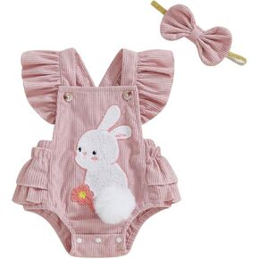 Baby Girls Easter Overall Romper Bunny Embroidered Flutter Sleeve Layered Ruffled Jumpsuit Headband Outfits