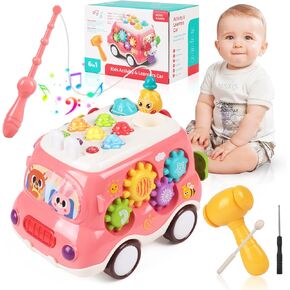 Baby Bus Montessori Musical Toy for 1~3 Years Toddlers with Sound & Light, with Xylophone/Hammering/Fishing Game & Windmill & Gear Rotation etc Sensory Learning,Gift for Boys & Girls (Pink)