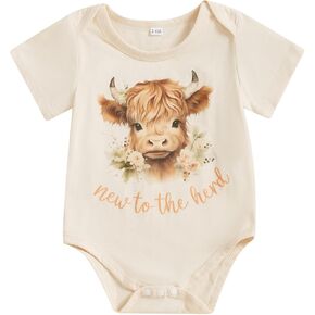 FIOMVA Western Baby Girl Clothes Summer Newborn Cowgirl Short Sleeve Romper Infant Highland Cow Bodysuit Toddler Outfit