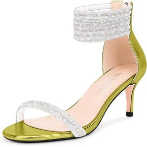 100FIXEO Rhinestone Embellishment Stiletto Heels Sandals Open Toe Ankle Strap Wedding Dress Shoes