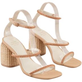 Women's Platform Heel Sandals Wicker Rhinestones Pumps Square Open Toed Sandals Square Chunky
