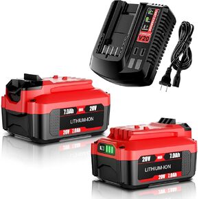2Pack 7.0Ah Replacement Craftsman 20V Battery and Charger Set for V20 Series CMCB202 CMCB204 CMCB205 CMCB206 CMCB201 CMCB100 CMCB124 Cordless Tools with CMCB104 Craftsman 20V Battery Charger
