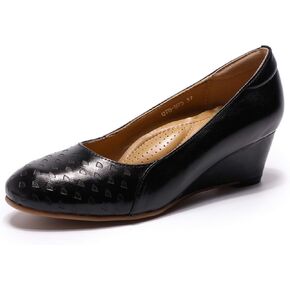 Mona flying Women's Leather Closed Toe 2 Inch Mid Wedges Heels with Arch Support Round Toe Comfortable Dress Pumps for Women Ladies