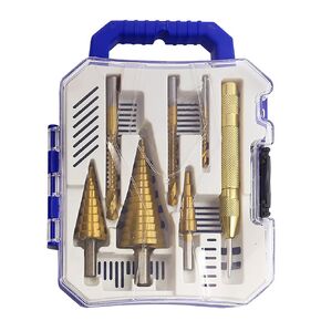 Step Drill Bit Set 7 Piece Titanium Coated with Automatic Center Punch Short Length Double Cutting Blades High-Speed Steel Covering 29 Sizes Complete with Aluminum Case