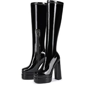 Bapolee Black Stretch Patent Leather Platform Chunky Heel Square Toe Knee High Boots For Women Girls School Party