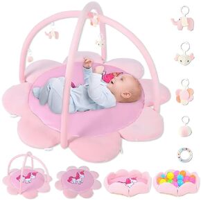 Pink Unicorn Thickened Plush Baby Play Gym & Activity Mat，Softer & Enlarged Tummy Time Mat 5 Detachable Toys for Sensory & Motor Skill Development，Newborn Infant Baby Essentials G1ft