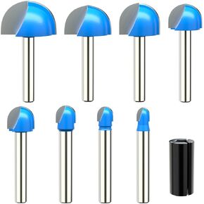1/4 Inch Shank Round Nose Cove Core Box Router Bit Double Flute Woodworking Tool- 1/4" 5/16" 3/8" 1/2" 5/8" 3/4" 7/8" 1" Cutting Diameter Solid Carbide Router Bit for Woodworking-8Pcs