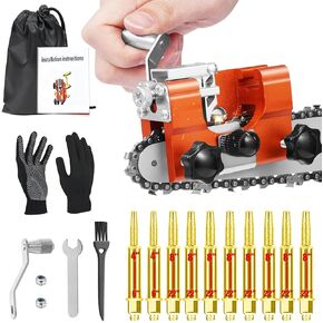 Chainsaw Sharpener Jig, Upgraded Chain Saw Sharpener Tool, Hand Crank Chainsaw Sharpening Kit with 10 High Hardness Bits, Gloves, Bag and Brush, Portable Chainsaw Blade Sharpener for 4"-22" Chain Saws