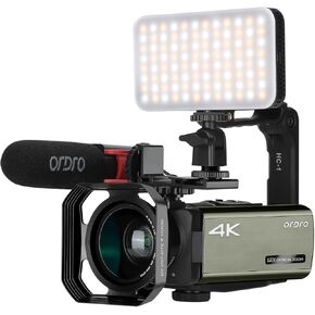 ORDRO Optical Zoom UHD 4K Camcorder Video Camera AX65 Vlogging Camera Touch Screen Vlog Camera with External Microphone, Lens Hood, Stabilizer, LED Light, Wide-Angle Lens