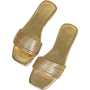 GORGLITTER Women's Metallic Flat Sandals Strappy Open Toe Slide Sandals