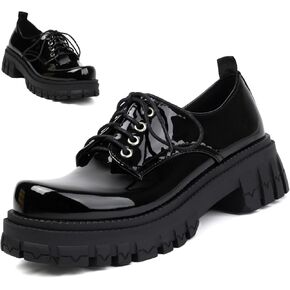 Women's Patent Leather Platform Chunky Loafers Perforated Lace-up Round Toe Wingtip Oxford Shoes Non-Slip Lug Sole Brogue Dress Shoe