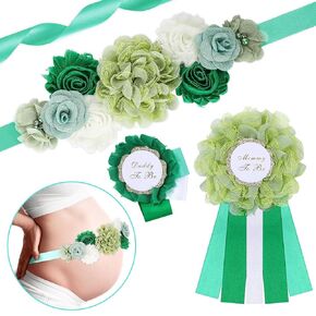 Whaline Sage Green Baby Shower Sash Floral Maternity Sash with Corsage Pin Kit Mom to Be & Dad to Be Corsage for Pregnant Mommy New Parents Baby Shower Gender Reveal Party Decor