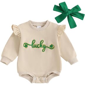 Baby Girl St Patricks Day Clothes Long Sleeve Lucky Clover Embroidered Sweatshirt Romper Newborn Infant Girls Irish Outfit