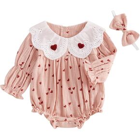 Baby Girl Valentine's Day Romper Heart Print Long Sleeve Bubble Smock Jumpsuit Headband Cotton Linen Spring Outfit