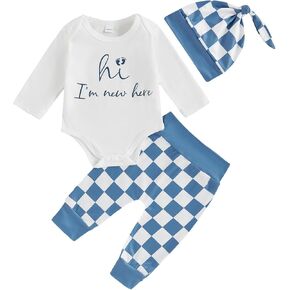 Newborn Baby Boy Girl Fall Clothes Long Sleeve Romper Pants Hat 3Pcs Set Infant Boy Clothes