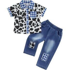 Emmababy Toddler Jeans Outfit Boy Infant Western Clothes Plaid Button Short Sleeve Shirts Denim Pant Farm Cow Baby Boy Outfit