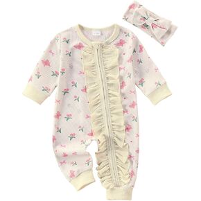 Douhoow Fall Newborn Girl Clothes Cute Baby Girl Jumpsuit Zip Up Long Sleeve Baby Waffle Romper With Headband