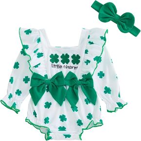 Dcohmch Baby Girls St Patricks Day Romper Shamrock Print Bow Ruffles Long Sleeve Bodysuit Cute Headband Newborn Outfit