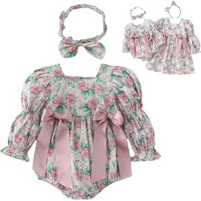 Sisters Matching Dresses with Bow Headband Little Girls Long Sleeve Floral Dress Newborn Baby Romper