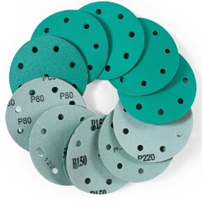 S SATC 5-Inch 9-Holes Sanding Discs Assortment 80, 120, 150, 180, 220 Grit (10 of Each) 50 Pack Orbital Sandpaper Hook and Loop Film Discs Sand Paper for Random Orbital Sanders