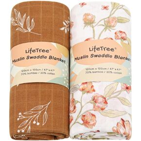 LifeTree Muslin Baby Swaddle Blankets, Baby Swaddling Neutral Receiving Blanket for Boys & Girls, 70% Viscose from Bamboo & 30% Cotton, Large 47 x 47 inches Rainbow & Ivory White