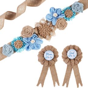 Burlap Gender Reveal Maternity Sash Kit, Blue Rustic Baby Shower Belly Belt and Mom to Be Dad to Be Corsage Pins, New Parents Pregnancy Announcement Photo Props Party Supplies