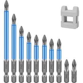 BAYTORY 10-Piece Magnetic Anti-Slip Screwdriver Bits with 1-Piece Magnetize Corrector Tool, 1/4 inch Hex Shank PH2 Phillips Screw Head 25-150mm Long Electric Cross Drill Bit Set