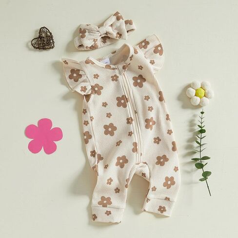 MERSARIPHY Newborn Baby Girl Summer Clothes Zip Up Ruffle Waffle Knit One Piece Romper Jumpsuit Coming Home Hospital Outfit in Kuwait
