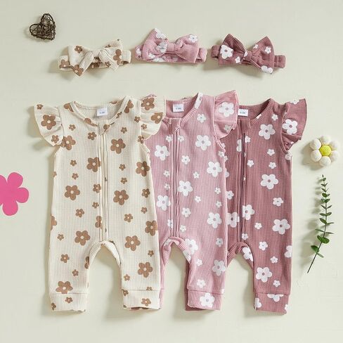 MERSARIPHY Newborn Baby Girl Summer Clothes Zip Up Ruffle Waffle Knit One Piece Romper Jumpsuit Coming Home Hospital Outfit in Kuwait
