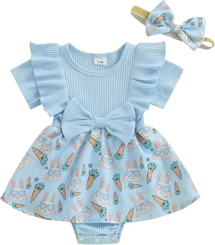 MoZiKQin Baby Girl Outfit Newborn Romper Dress Ribbed Ruffle Bowknot Skirt Hem Jumpsuit Cute Summer Clothes+Headband in Kuwait