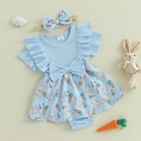 MoZiKQin Baby Girl Outfit Newborn Romper Dress Ribbed Ruffle Bowknot Skirt Hem Jumpsuit Cute Summer Clothes+Headband in Kuwait
