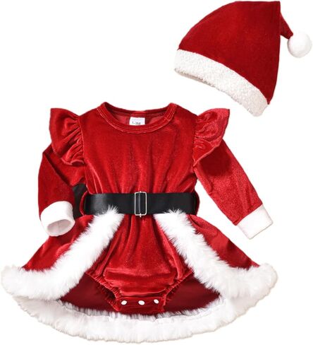 Infant Baby Girl Christmas Outfit Santa Romper Dress Long Sleeve Fur Trim Velvet Xmas Princess Dresses in Kuwait