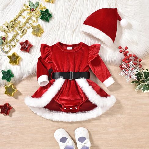 Infant Baby Girl Christmas Outfit Santa Romper Dress Long Sleeve Fur Trim Velvet Xmas Princess Dresses in Kuwait