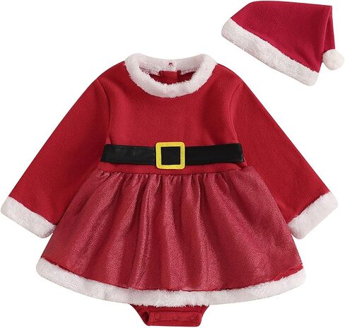 Infant Baby Girl Christmas Outfit Santa Romper Dress Long Sleeve Fur Trim Velvet Xmas Princess Dresses in Kuwait