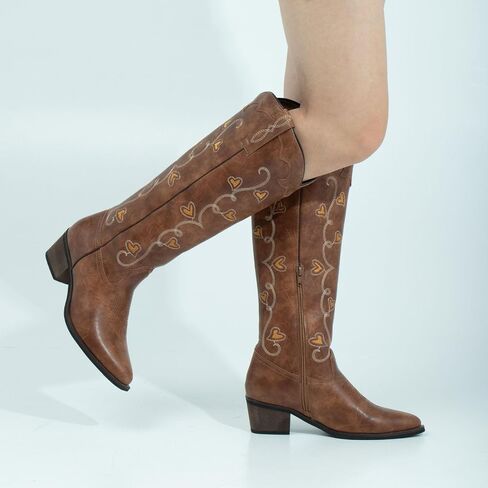 J's.o.l.e Women's Knee High Cowboy Cowgirl Boots Fashion Embroidered Wide Calf Snip Toe Western Brown Boot in Saudi Arabia