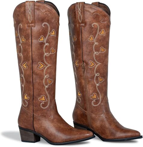 J's.o.l.e Women's Knee High Cowboy Cowgirl Boots Fashion Embroidered Wide Calf Snip Toe Western Brown Boot in Saudi Arabia