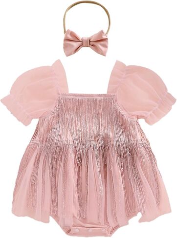 Kuriozud Newborn Baby Girl Summer Clothes Sequin Fringe Romper Dress Puff Short Sleeve Tulle Romper Cute Sparkling Clothes in Kuwait