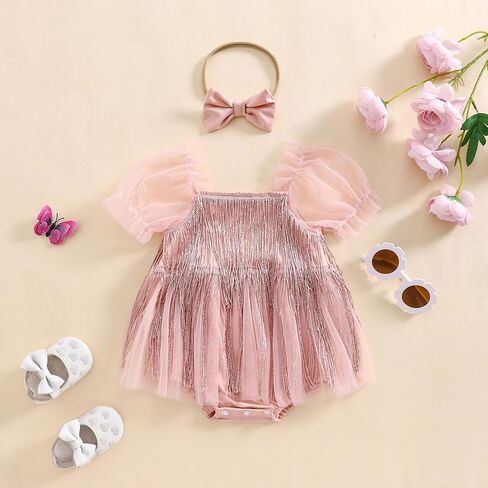 Kuriozud Newborn Baby Girl Summer Clothes Sequin Fringe Romper Dress Puff Short Sleeve Tulle Romper Cute Sparkling Clothes in Kuwait
