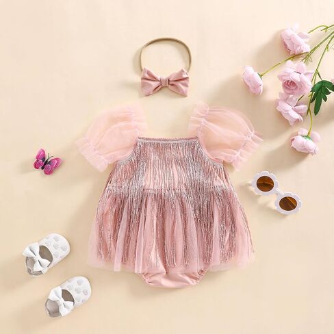 Kuriozud Newborn Baby Girl Summer Clothes Sequin Fringe Romper Dress Puff Short Sleeve Tulle Romper Cute Sparkling Clothes in Kuwait