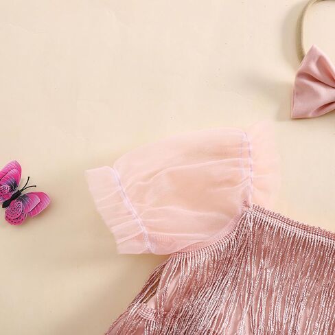 Kuriozud Newborn Baby Girl Summer Clothes Sequin Fringe Romper Dress Puff Short Sleeve Tulle Romper Cute Sparkling Clothes in Kuwait