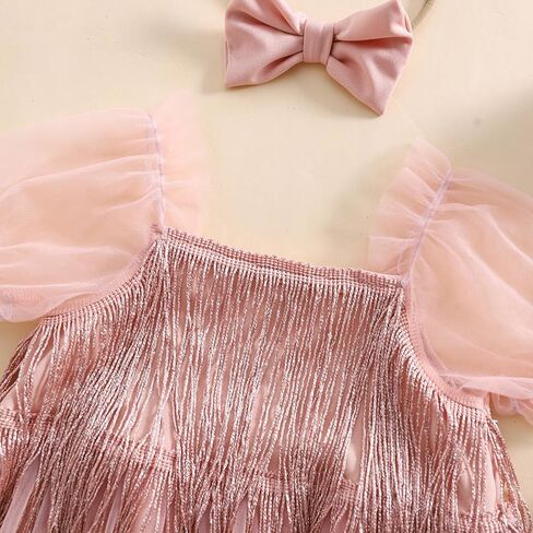 Kuriozud Newborn Baby Girl Summer Clothes Sequin Fringe Romper Dress Puff Short Sleeve Tulle Romper Cute Sparkling Clothes in Kuwait