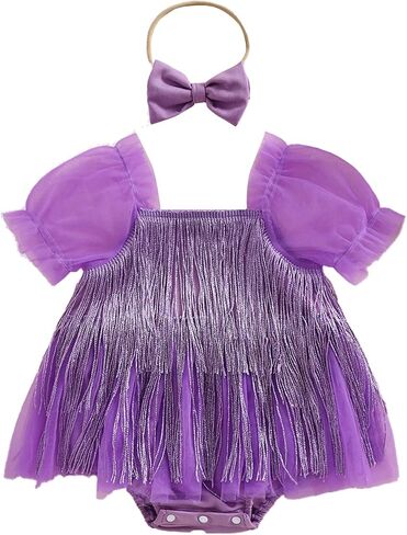 Kuriozud Newborn Baby Girl Summer Clothes Sequin Fringe Romper Dress Puff Short Sleeve Tulle Romper Cute Sparkling Clothes in Kuwait