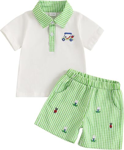 Amiblvowa Toddler Baby Boy Golf Outfit Golf Cart Hole Shirt Shorts Set Summer Vocation Clothes 0 2 6 9 12 18 Months 2T 3T 4T in Kuwait