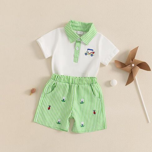 Amiblvowa Toddler Baby Boy Golf Outfit Golf Cart Hole Shirt Shorts Set Summer Vocation Clothes 0 2 6 9 12 18 Months 2T 3T 4T in Kuwait