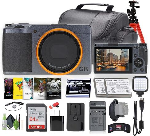 RICOH GR III Street Edition Compact Portable Digital Camera (01097) + 64GB بطاقة ذاكرة + برنامج تصوير + مصباح LED + حقيبة الكاميرا + ترايبود مرنة + LI 90B + شاحن خارجي + المزيد in Kuwait