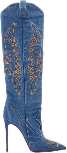 Saint Leia Women's Fashion Denim Stiletto Heel Tall Boots Embroideries Casual Proced in Kuwait