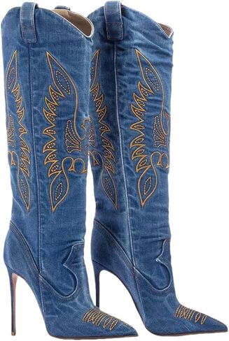 Saint Leia Women's Fashion Denim Stiletto Heel Tall Boots Embroideries Casual Proced in Kuwait