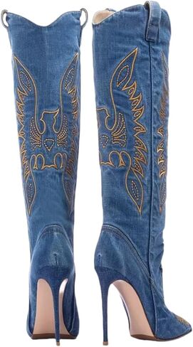 Saint Leia Women's Fashion Denim Stiletto Heel Tall Boots Embroideries Casual Proced in Kuwait