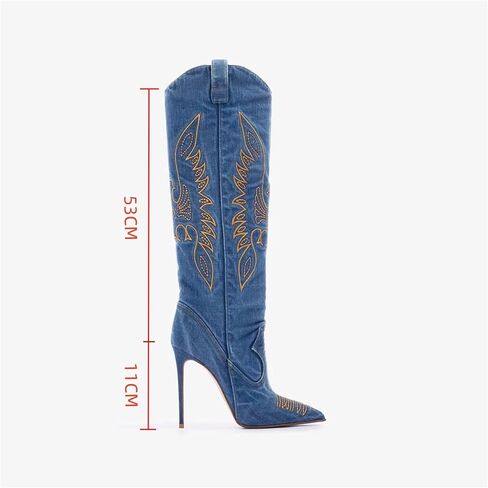 Saint Leia Women's Fashion Denim Stiletto Heel Tall Boots Embroideries Casual Proced in Kuwait